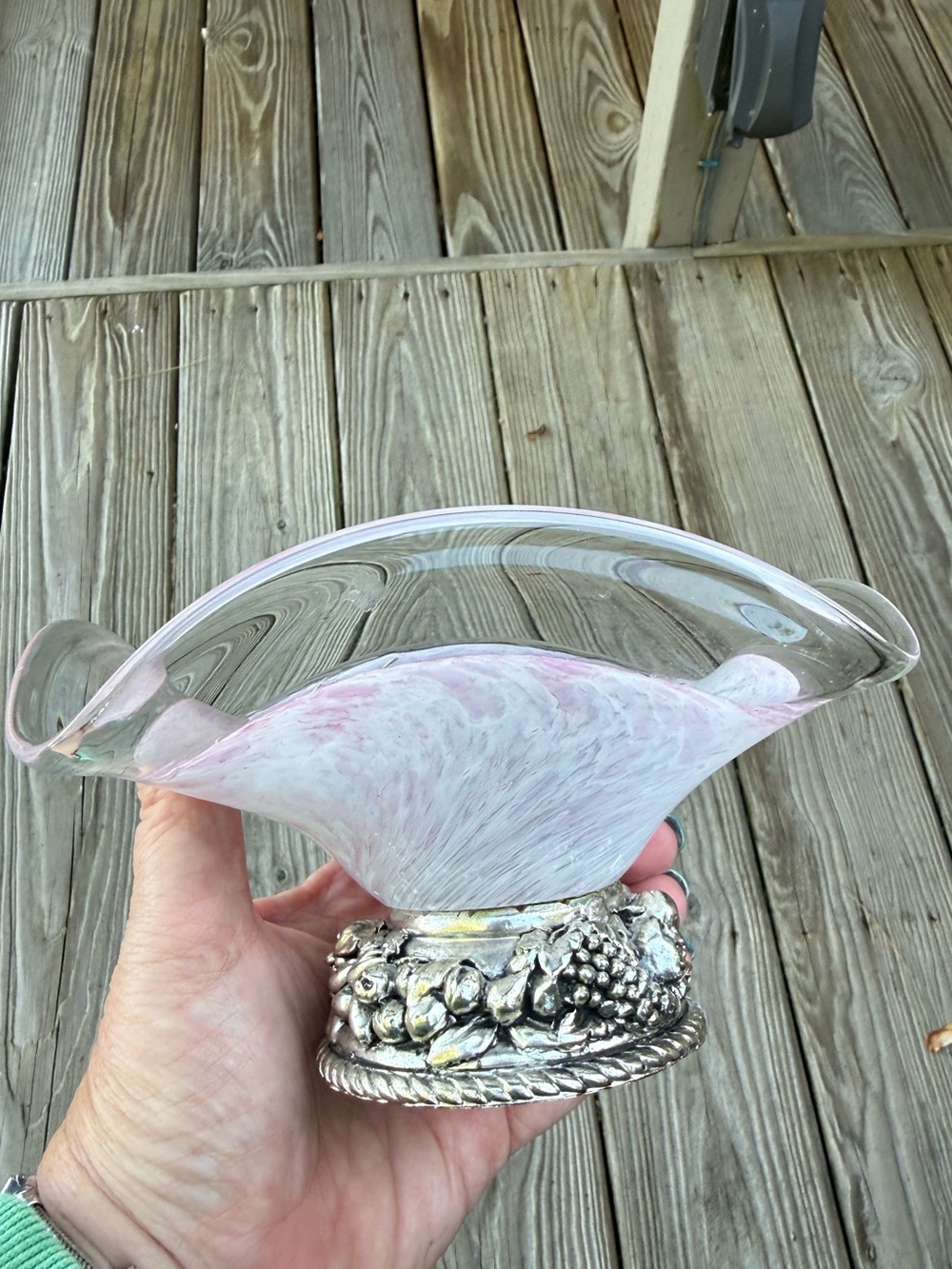 Vintage Murano Pink Swirled Glass Bowl with Decorative Silver Base MCM